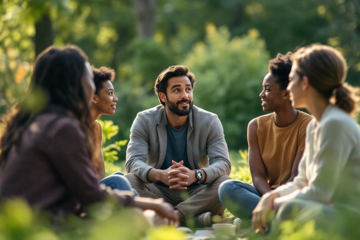 A photograph of a contemplative leader engaged in a deep conversation with a diverse group of individuals in a serene outdoor setting