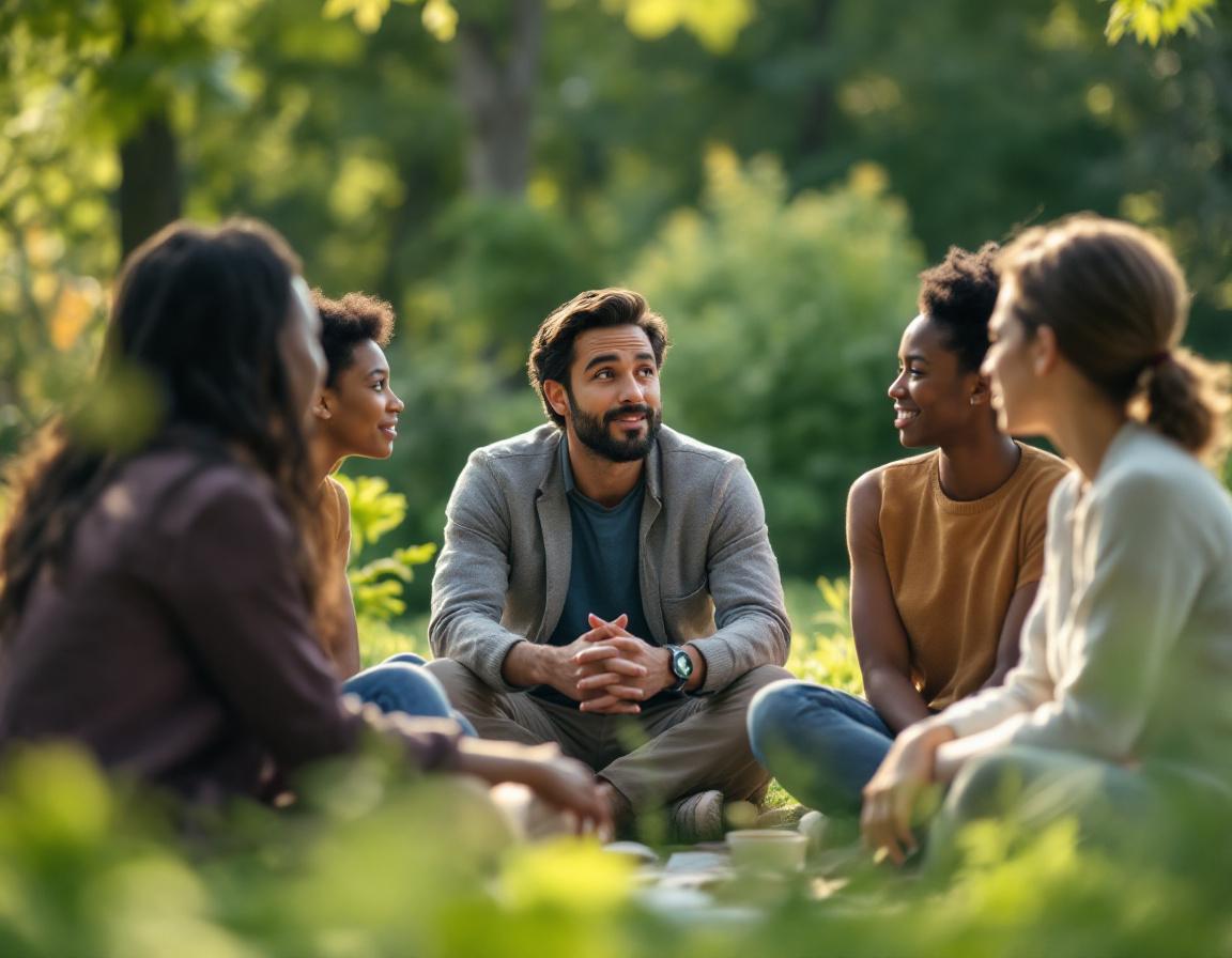 A photograph of a contemplative leader engaged in a deep conversation with a diverse group of individuals in a serene outdoor setting